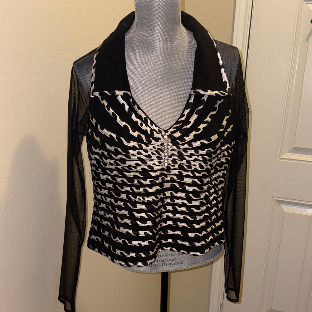 Victor Costa Black and White Mesh Sleeve Blouse